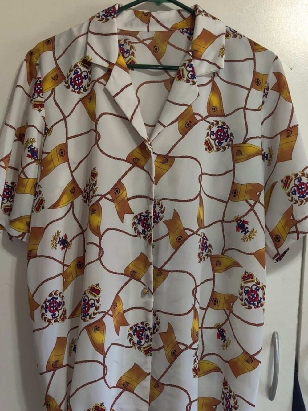 White Button-Up Blouse with Nautical Rope & Crest Print